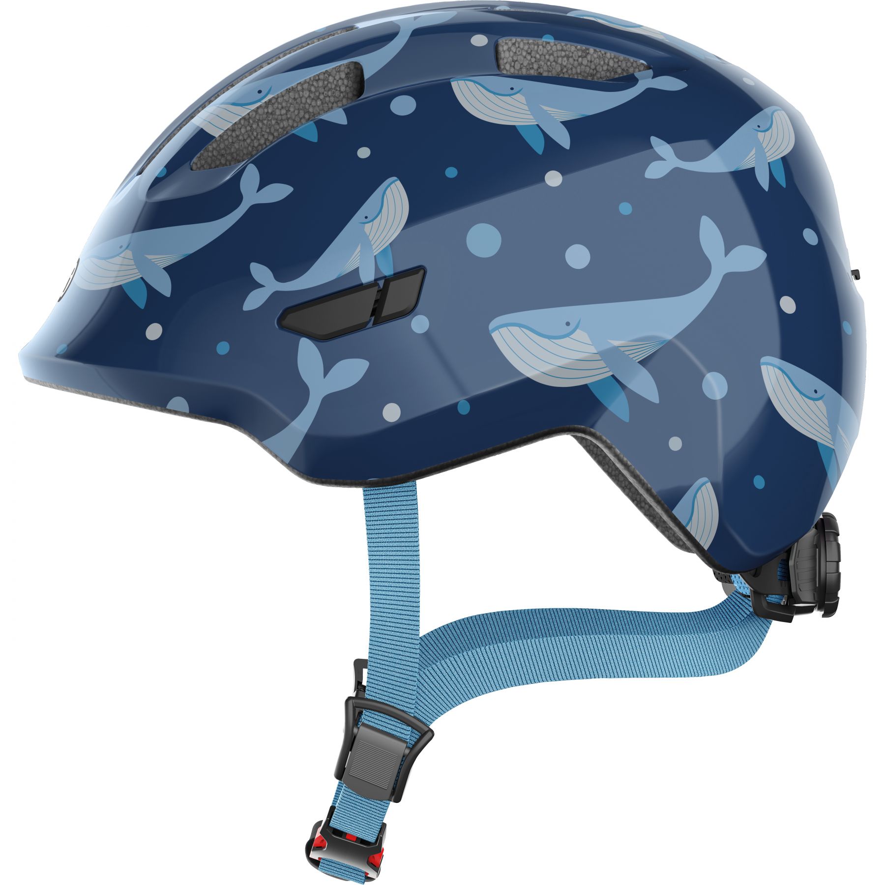 ABUS Kinderhelm Smiley 3.0 - Fahrradhelm mit tiefer Passform, kindergerechten Designs & Platz für einen Zopf - für Mädchen und Jungs - Blau mit Wal-Muster, Größe S