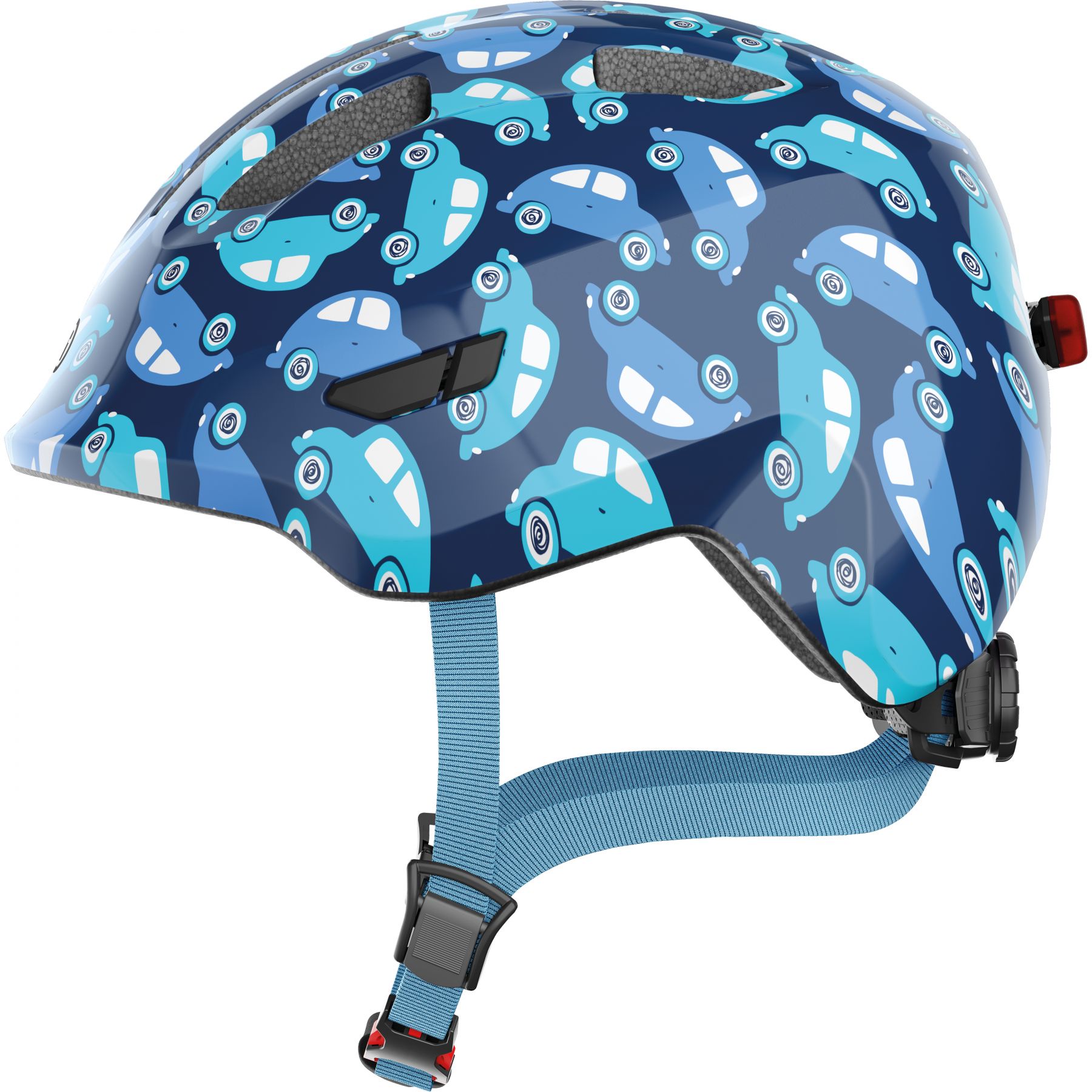 ABUS Kinderhelm Smiley 3.0 LED, Blau mit Auto-Muster, Größe S