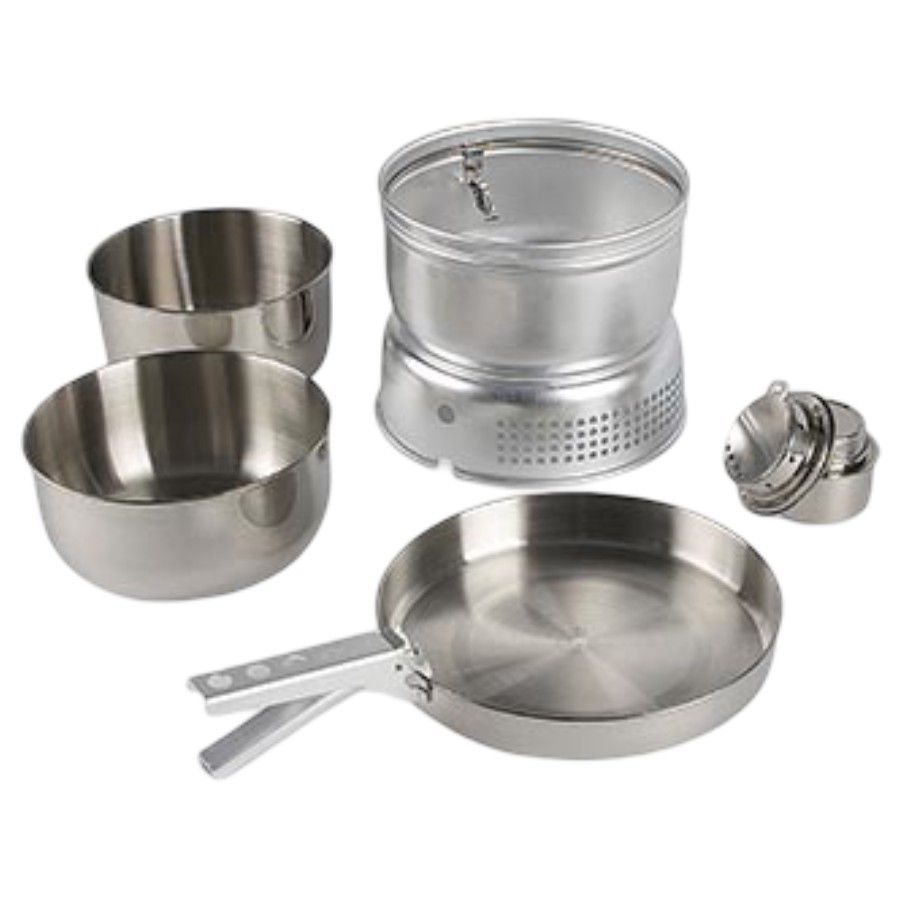 Tatonka Multi Set + Alcohol Burner (8-teilig) - Camping-Kochgeschirr aus Edelstahl mit Spirituskocher - (Pfanne, 2 Töpfe, Klemmgriff, Windschutz, Kochgestell und Kocher)